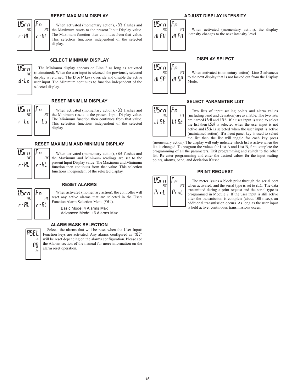 Usrn, Asel, R-hi | D-lo, R-lo, R-hl, R-al, Dleu, Disp, List | Red Lion PAX2C User Manual | Page 16 / 56
