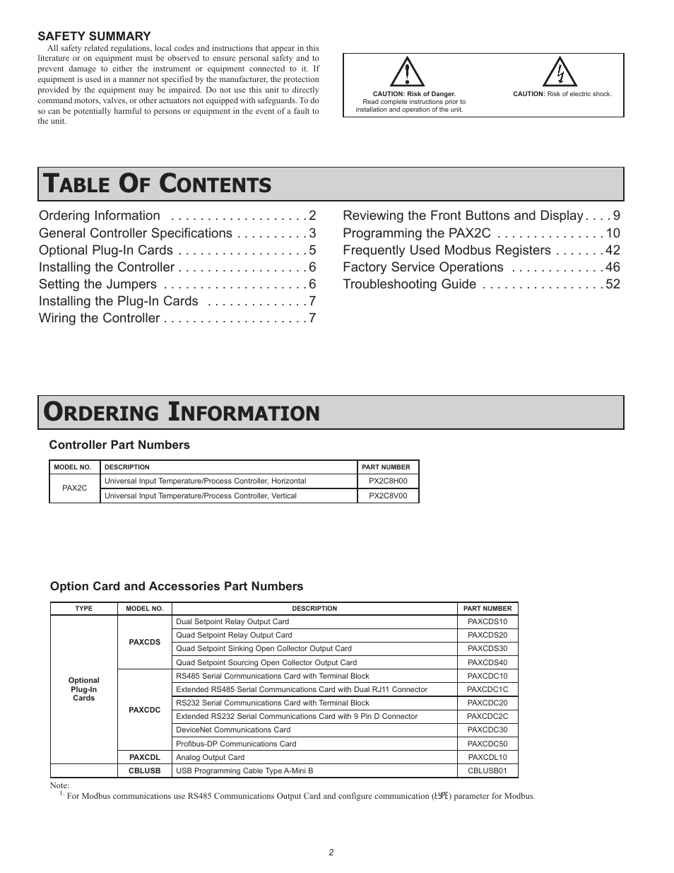 Able, Ontents, Rdering | Nformation | Red Lion PAX2C User Manual | Page 2 / 56