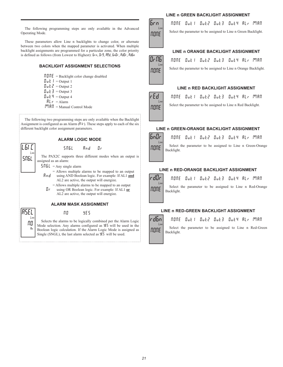 Lgic, Asel, Orng | Gnor, Rdor, Rdgn, Sngl, None | Red Lion PAX2C User Manual | Page 21 / 56