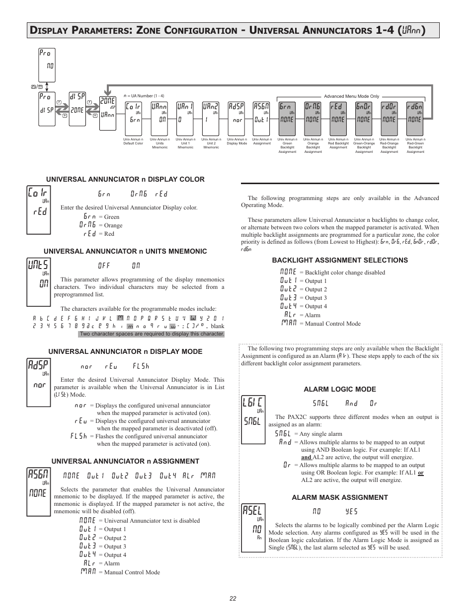 Colr, Unts, Adsp | Asgn, Lgic, Asel, 4 ( uann ), None, Sngl, Isplay | Red Lion PAX2C User Manual | Page 22 / 56