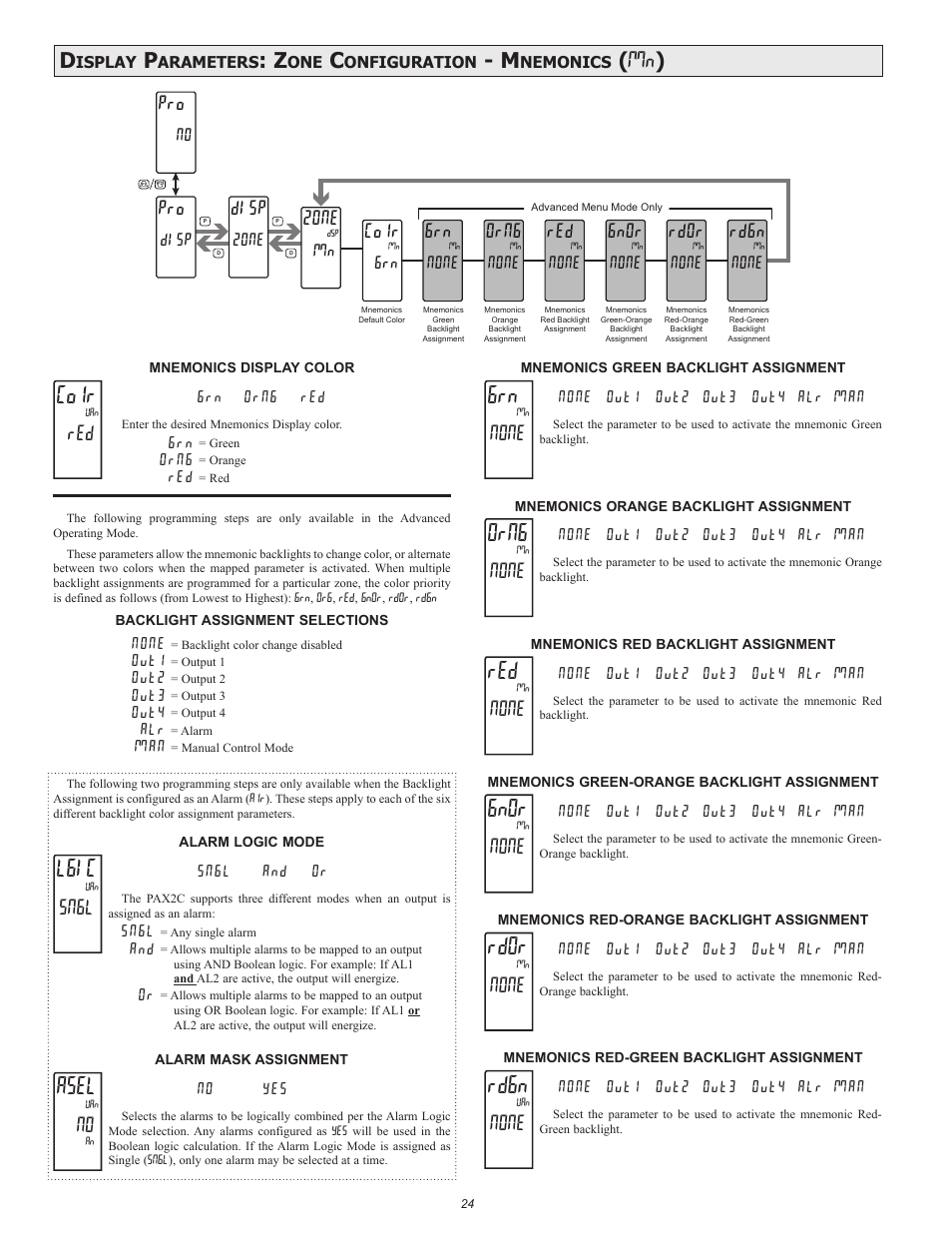 Lgic, Asel, Mn ) | Sngl, None, Disp, 2one, Colr, Orng, Gnor | Red Lion PAX2C User Manual | Page 24 / 56