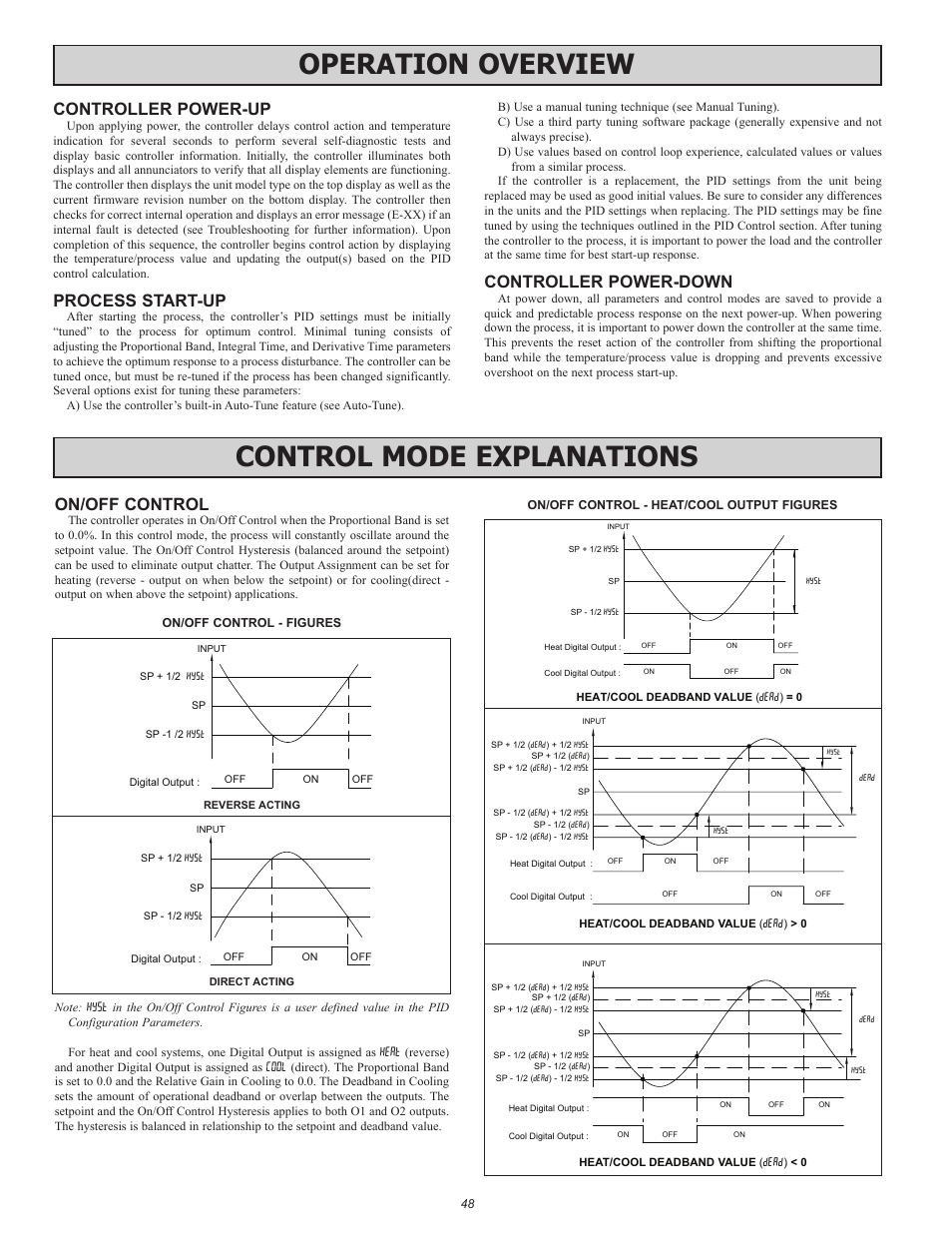 Operation overview, Control mode explanations, Controller power-up | Process start-up, Controller power-down, On/off control | Red Lion PAX2C User Manual | Page 48 / 56