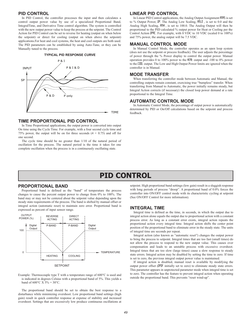 Pid control, Time proportional pid control, Linear pid control | Manual control mode, Mode transfer, Automatic control mode, Proportional band, Integral time | Red Lion PAX2C User Manual | Page 49 / 56