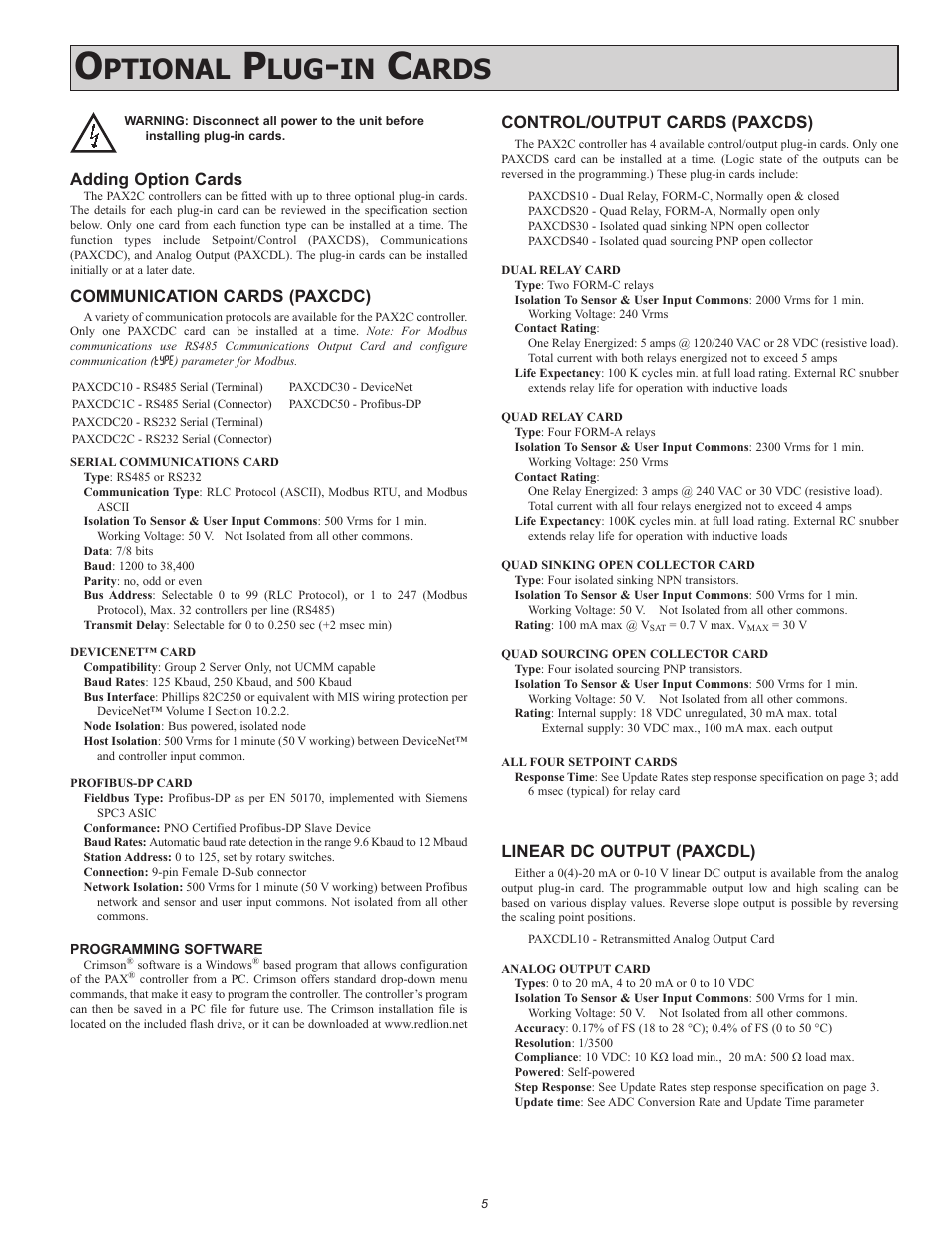 Ptional, Ards, Adding option cards | Communication cards (paxcdc), Control/output cards (paxcds), Linear dc output (paxcdl) | Red Lion PAX2C User Manual | Page 5 / 56