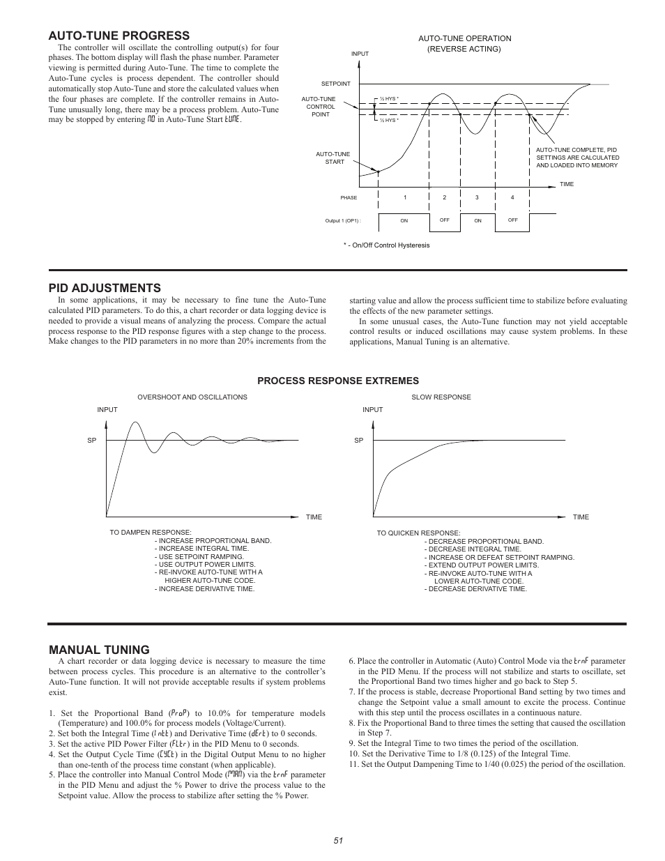 Auto-tune progress, Manual tuning, Pid adjustments | Process response extremes | Red Lion PAX2C User Manual | Page 51 / 56