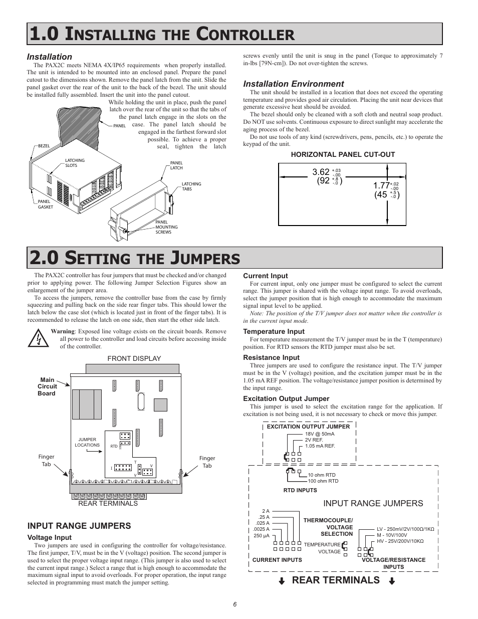 Nstalling, Ontroller, Etting | Umpers, Rear terminals, Installation, Installation environment, Input range jumpers | Red Lion PAX2C User Manual | Page 6 / 56