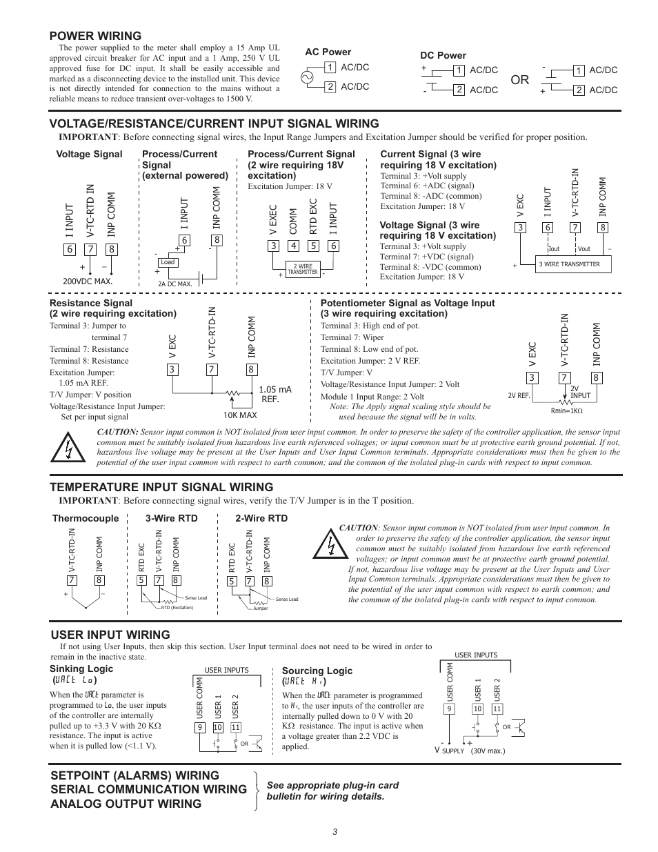 Power wiring, Voltage/resistance/current input signal wiring, Temperature input signal wiring | User input wiring | Red Lion PAX2C User Manual | Page 3 / 4