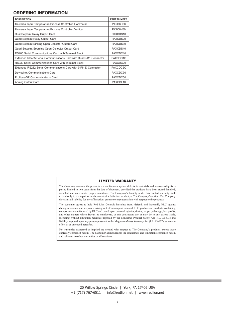 Ordering information | Red Lion PAX2C User Manual | Page 4 / 4