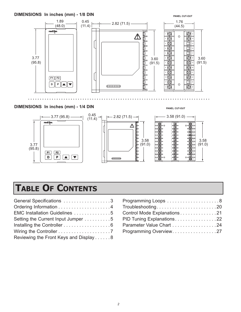 Able, Ontents, Dimensions in inches (mm) - 1/4 din | Dimensions in inches (mm) - 1/8 din | Red Lion PXU User Manual | Page 2 / 32