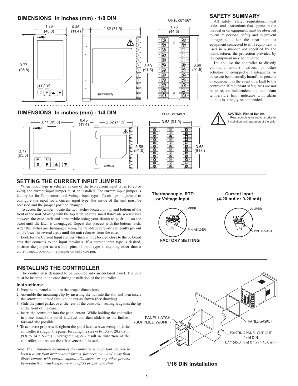 Installing the controller, Dimensions in inches (mm) - 1/4 din, Dimensions in inches (mm) - 1/8 din | Setting the current input jumper, Safety summary, 1/16 din installation, Instructions, Thermocouple, rtd or voltage input, Factory setting | Red Lion PXU User Manual | Page 2 / 4
