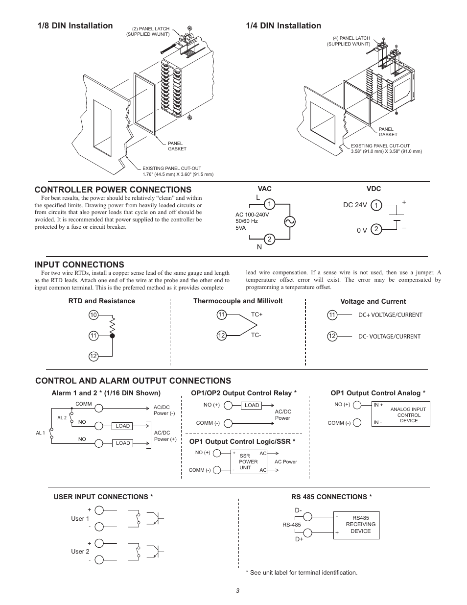 Controller power connections, Input connections, Control and alarm output connections | 1/8 din installation, 1/4 din installation | Red Lion PXU User Manual | Page 3 / 4