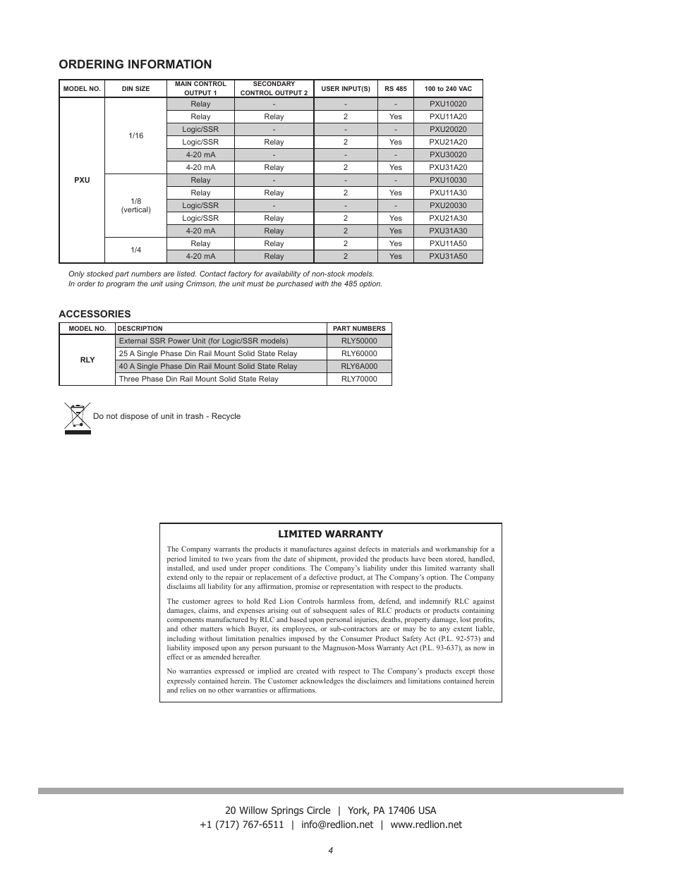 Ordering information, Accessories | Red Lion PXU User Manual | Page 4 / 4