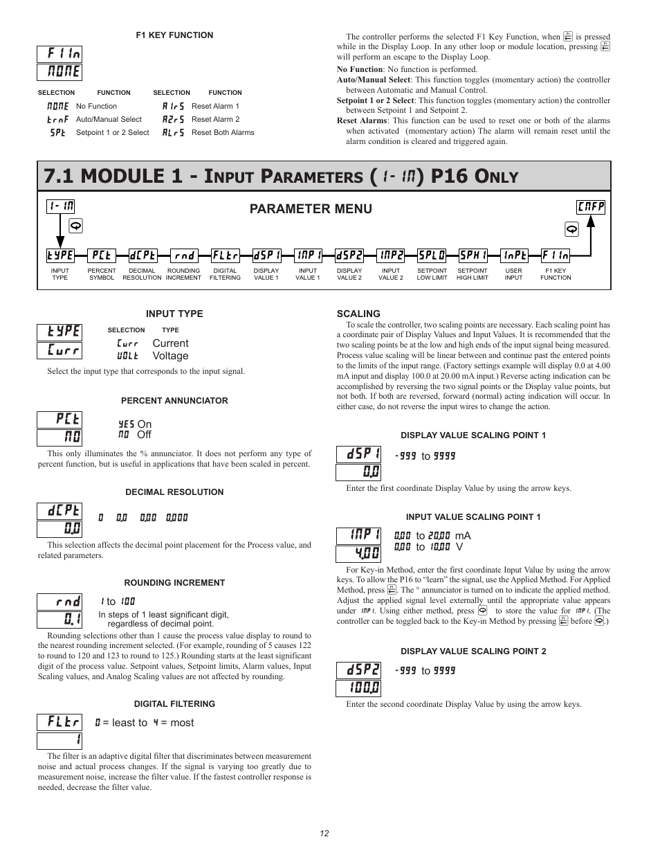 1 module 1 - i, P16 o, 1 n | I1, F1in, Type dcpt pct rnd fltr dsp1 inp1, Sphi, F1in inpt, Dsp2 inp2, Nput | Red Lion P16 User Manual | Page 12 / 28