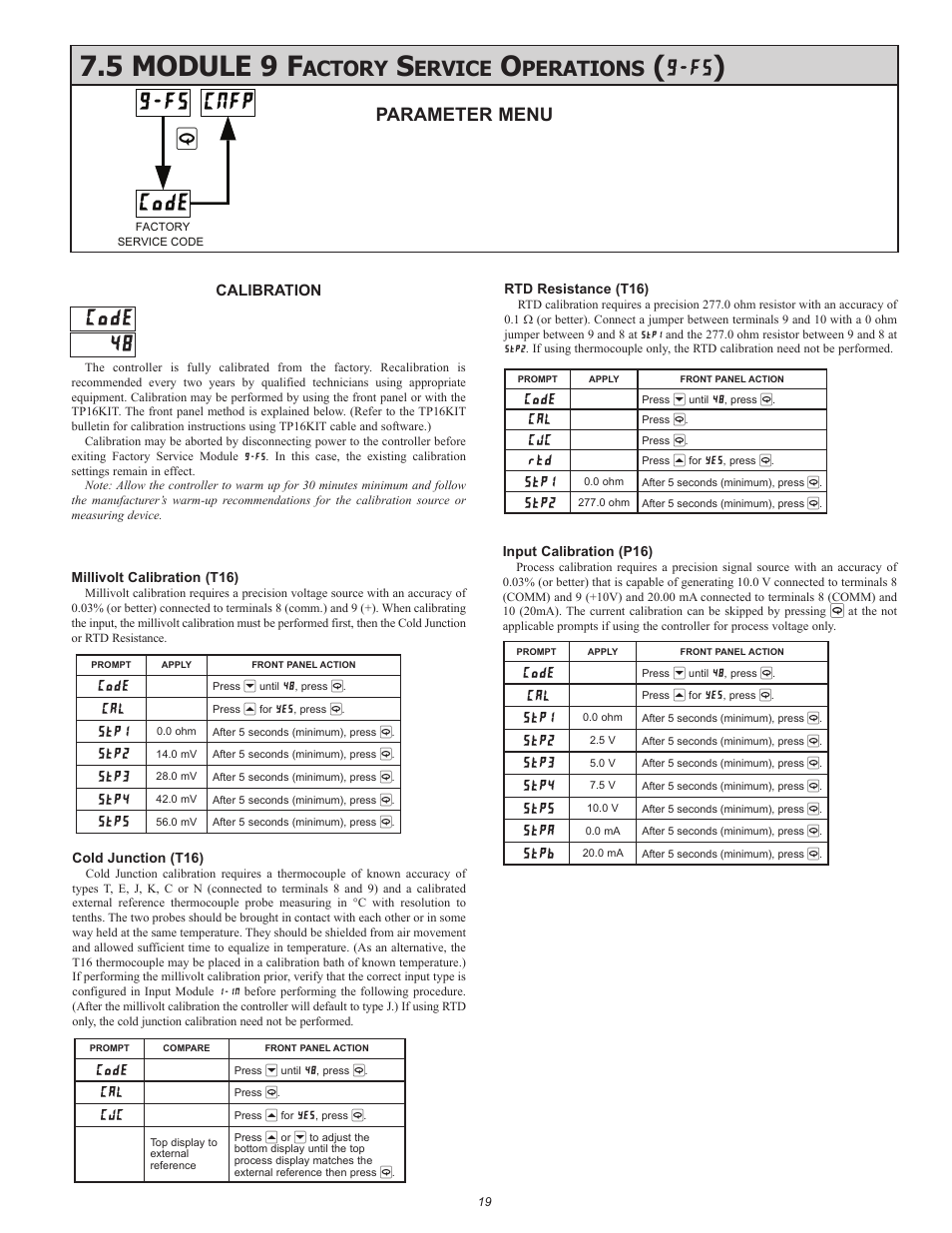 Code, Fs cnfp, 5 module 9 f | Fs ), Actory, Ervice, Perations, Parameter menu | Red Lion P16 User Manual | Page 19 / 28