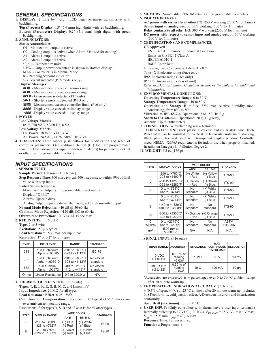 Input specifications, General specifications | Red Lion P16 User Manual | Page 2 / 28