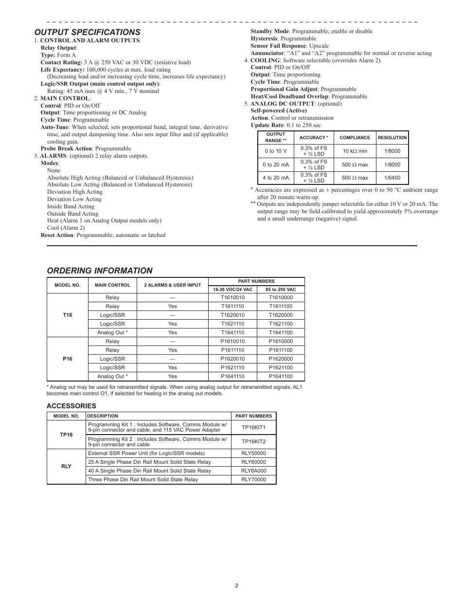 Output specifications, Ordering information | Red Lion P16 User Manual | Page 3 / 28