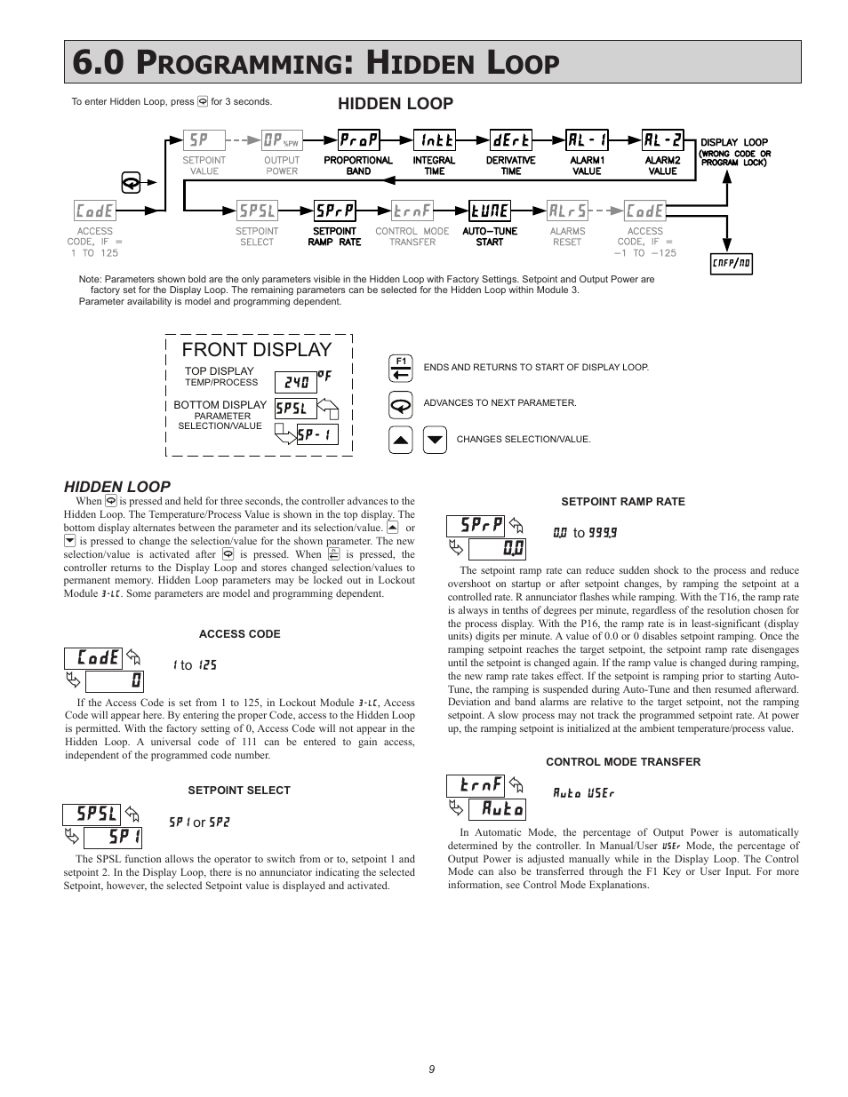 Rogramming, Idden, Front display | 240 °f spsl, Sp-1 | Red Lion P16 User Manual | Page 9 / 28