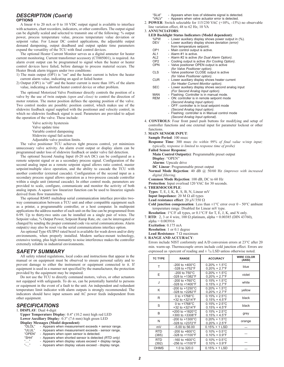 Description (cont’d), Safety summary, Specifications | Red Lion TCU User Manual | Page 2 / 10