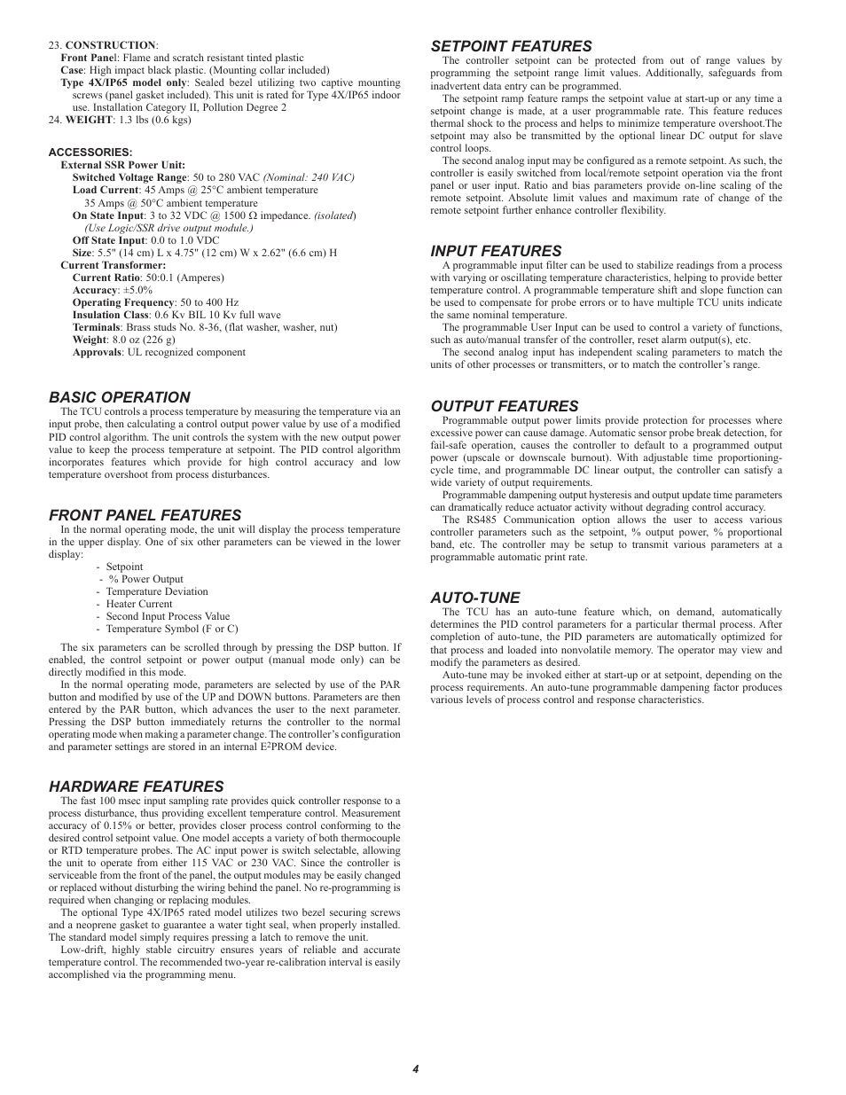 Basic operation, Front panel features, Hardware features | Setpoint features, Input features, Output features, Auto-tune | Red Lion TCU User Manual | Page 4 / 10