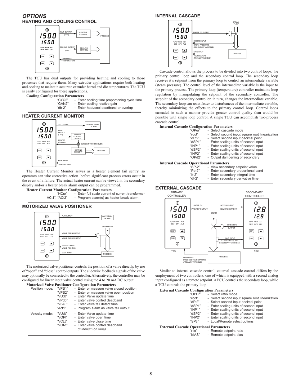 Options, Heating and cooling control, Heater current monitor | Motorized valve positioner, Internal cascade, External cascade | Red Lion TCU User Manual | Page 5 / 10