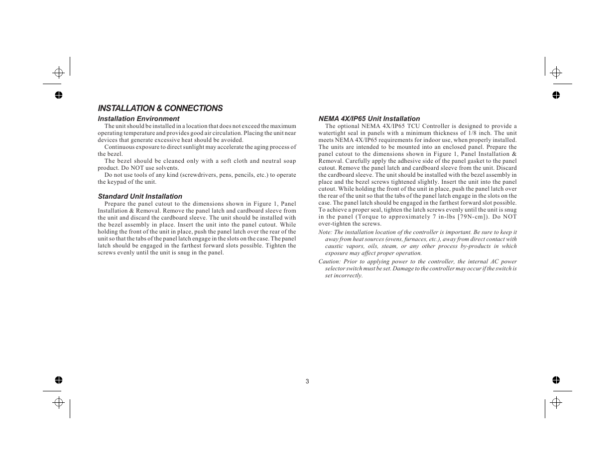 Installation & connections 3, Installation environment 3, Standard unit installation 3 | Nema 4x/ip65 unit installation 3, Installation & connections | Red Lion TCU User Manual | Page 11 / 104