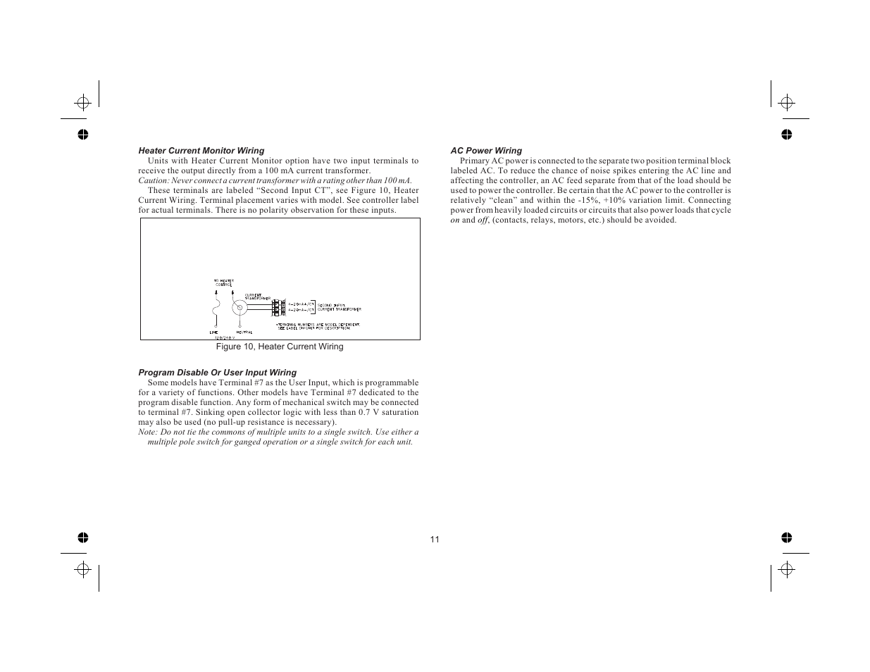 Heater current monitor wiring 11, Program disable or user input wiring 11, Ac power wiring 11 | Red Lion TCU User Manual | Page 19 / 104