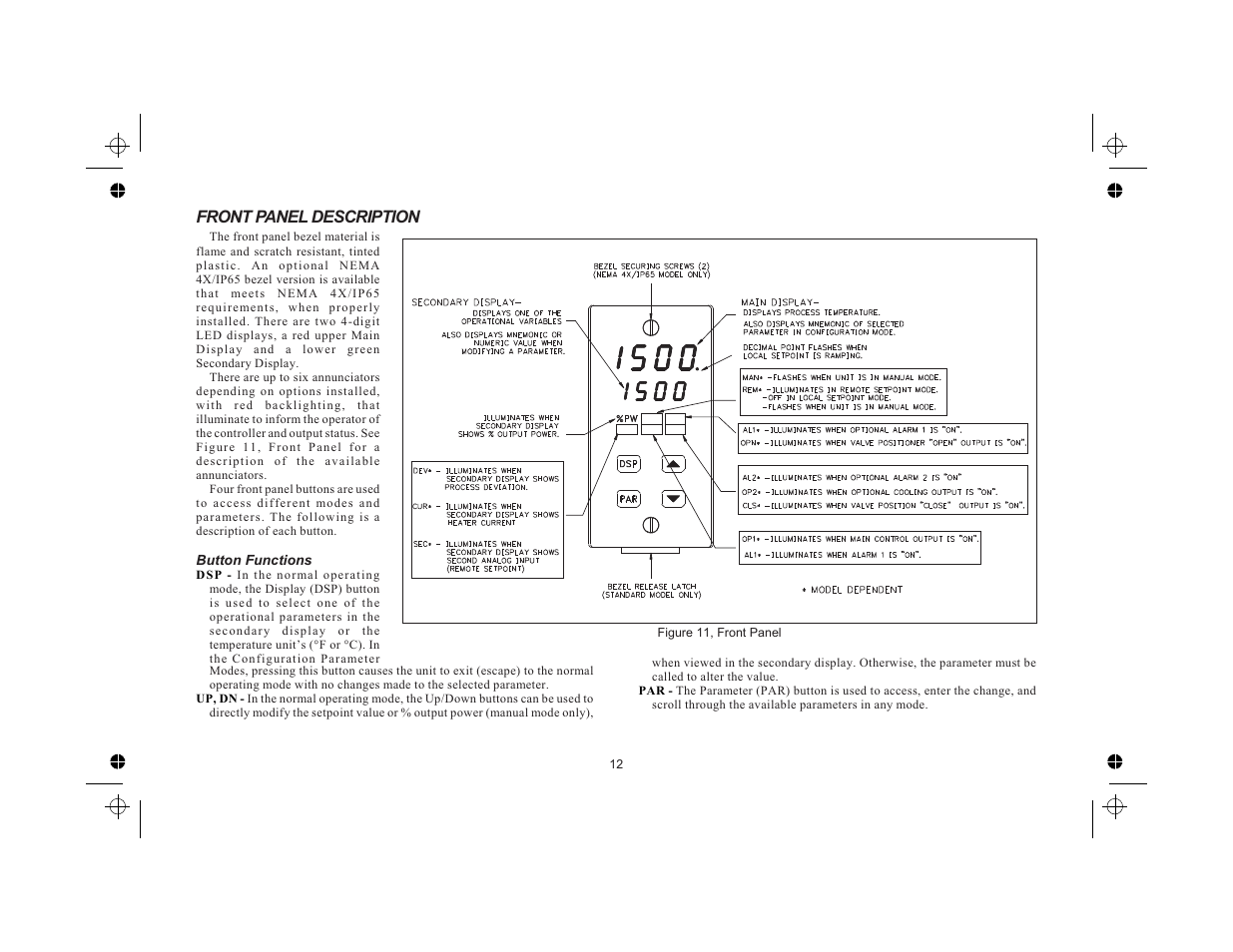 Front panel description 12, Button functions 12, Front panel description | Red Lion TCU User Manual | Page 20 / 104