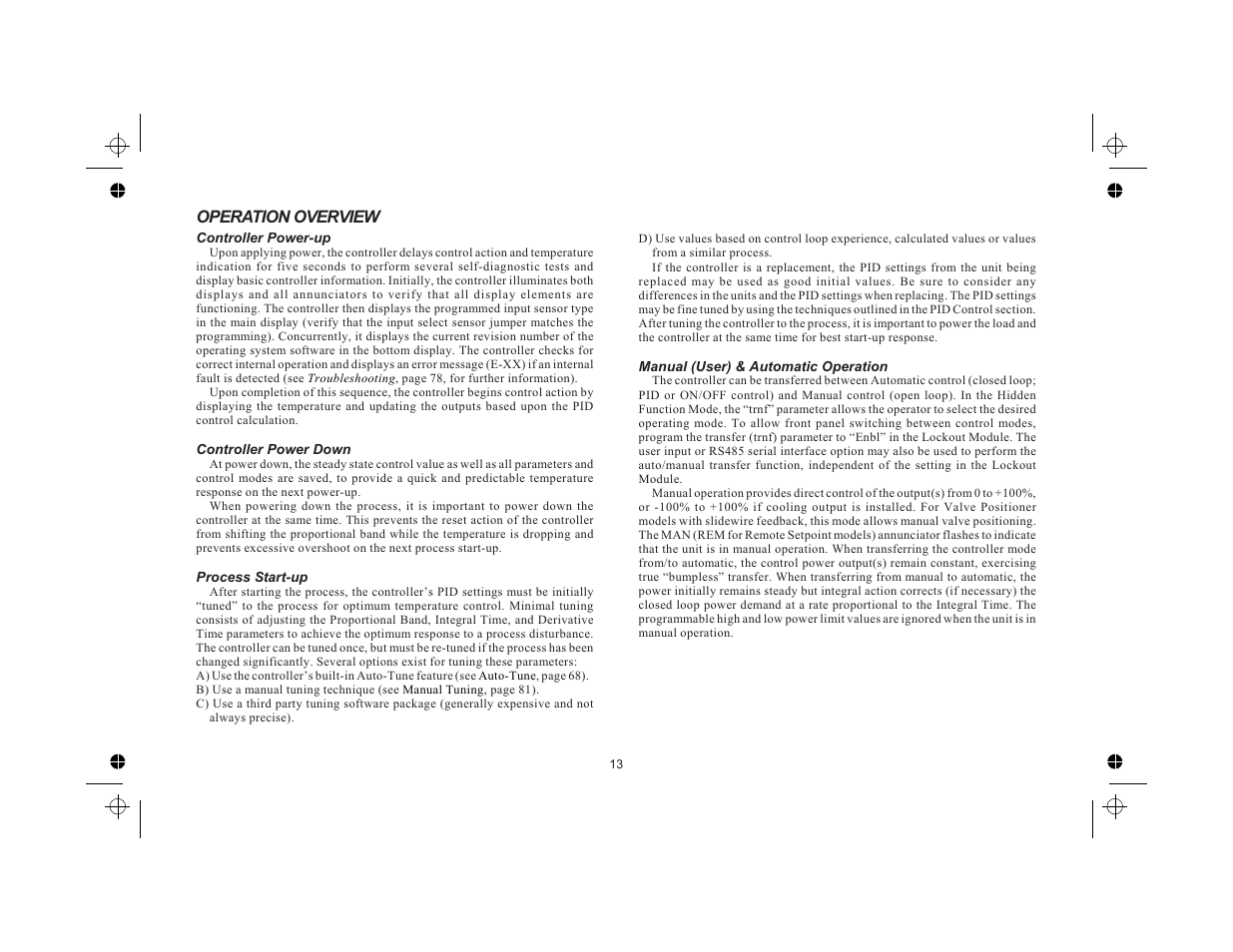 Operation overview 13, Controller power-up 13, Controller power down 13 | Process start-up 13, Manual (user) & automatic operation 13, Operation overview | Red Lion TCU User Manual | Page 21 / 104