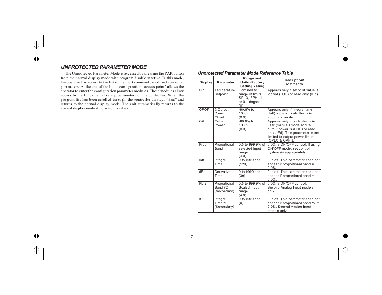 Unprotected parameter mode 17, Unprotected parameter mode reference table 17, Unprotected parameter mode | Red Lion TCU User Manual | Page 25 / 104