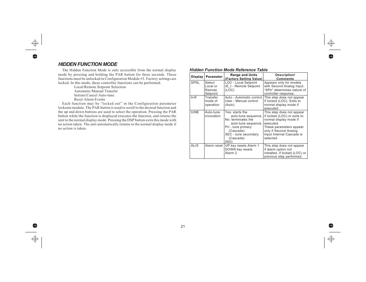 Hidden function mode 21, Hidden function mode reference table 21, Hidden function mode | Red Lion TCU User Manual | Page 29 / 104