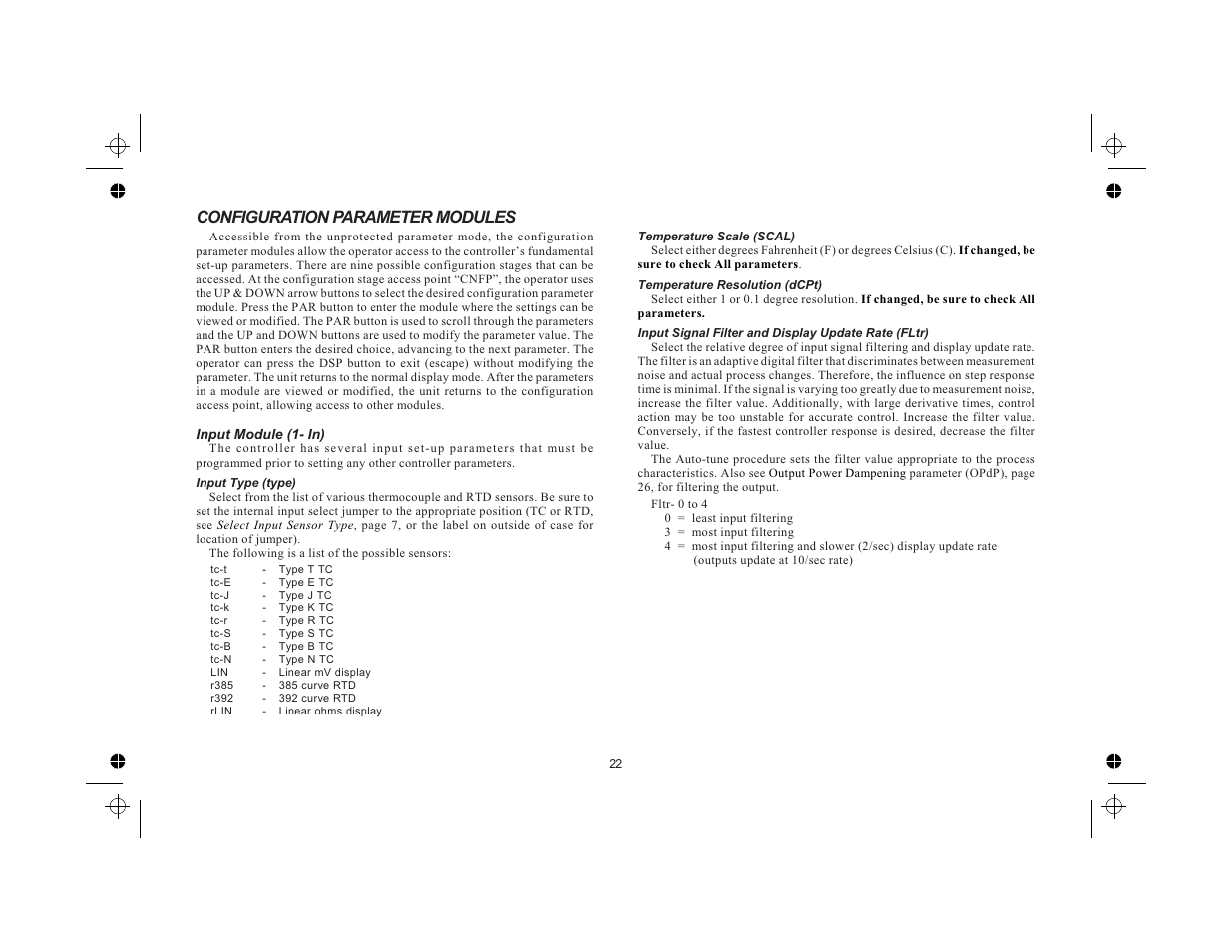 Configuration parameter modules 22, Input module (1- in) 22, Input type (type) 22 | Temperature scale (scal) 22, Temperature resolution (dcpt) 22, Configuration parameter modules | Red Lion TCU User Manual | Page 30 / 104