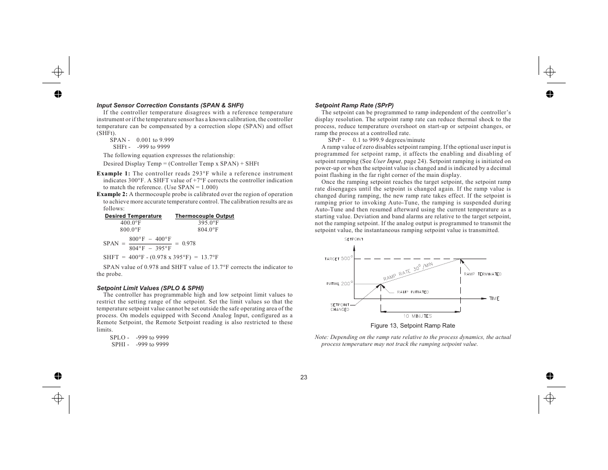 Input sensor correction constants (span & shft) 23, Setpoint limit values (splo & sphi) 23, Setpoint ramp rate (sprp) 23 | Red Lion TCU User Manual | Page 31 / 104