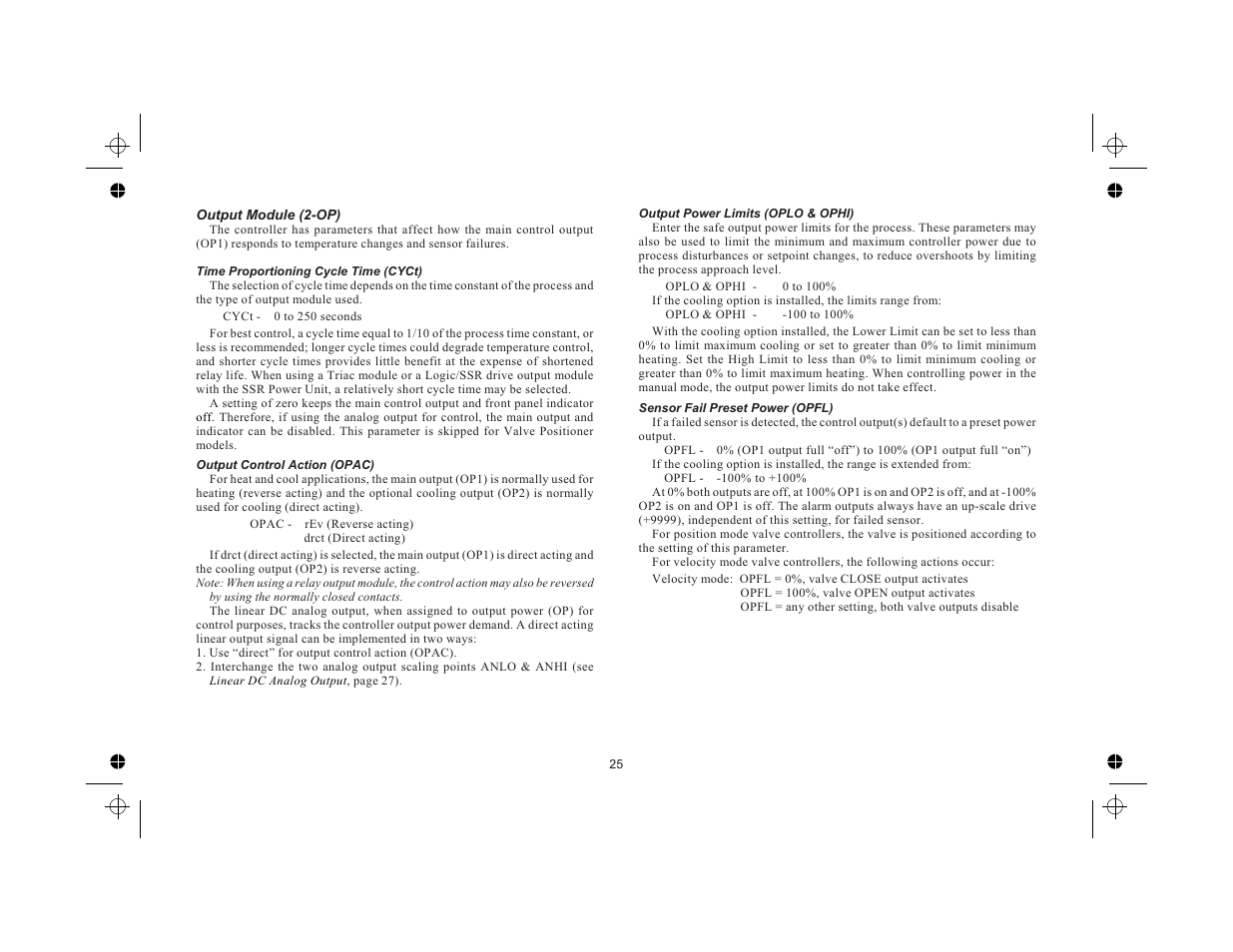 Output module (2-op) 25, Time proportioning cycle time (cyct) 25, Output control action (opac) 25 | Output power limits (oplo & ophi) 25, Sensor fail preset power (opfl) 25 | Red Lion TCU User Manual | Page 33 / 104