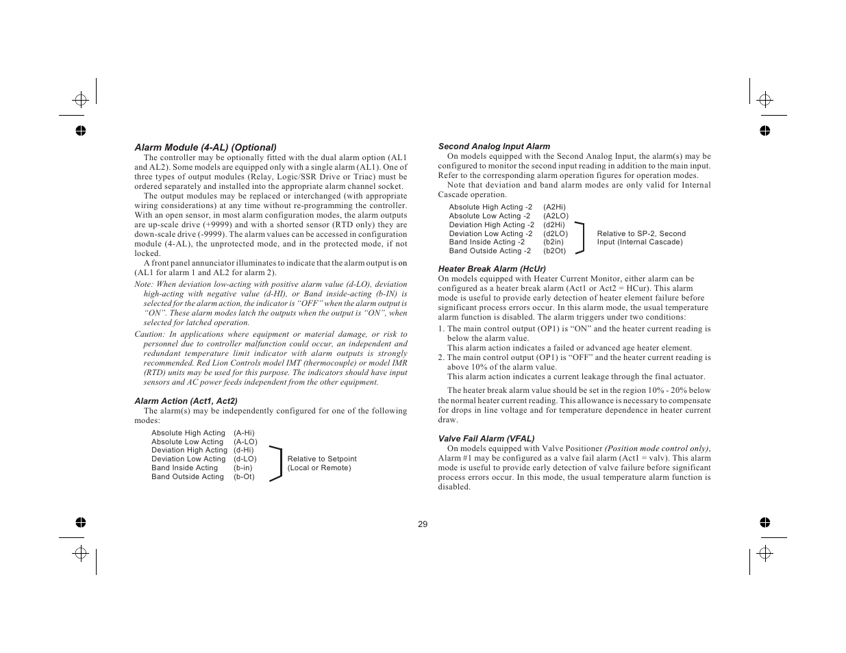 Alarm module (4-al) (optional) 29, Alarm action (act1, act2) 29, Second analog input alarm 29 | Heater break alarm (hcur) 29, Valve fail alarm (vfal) 29 | Red Lion TCU User Manual | Page 37 / 104