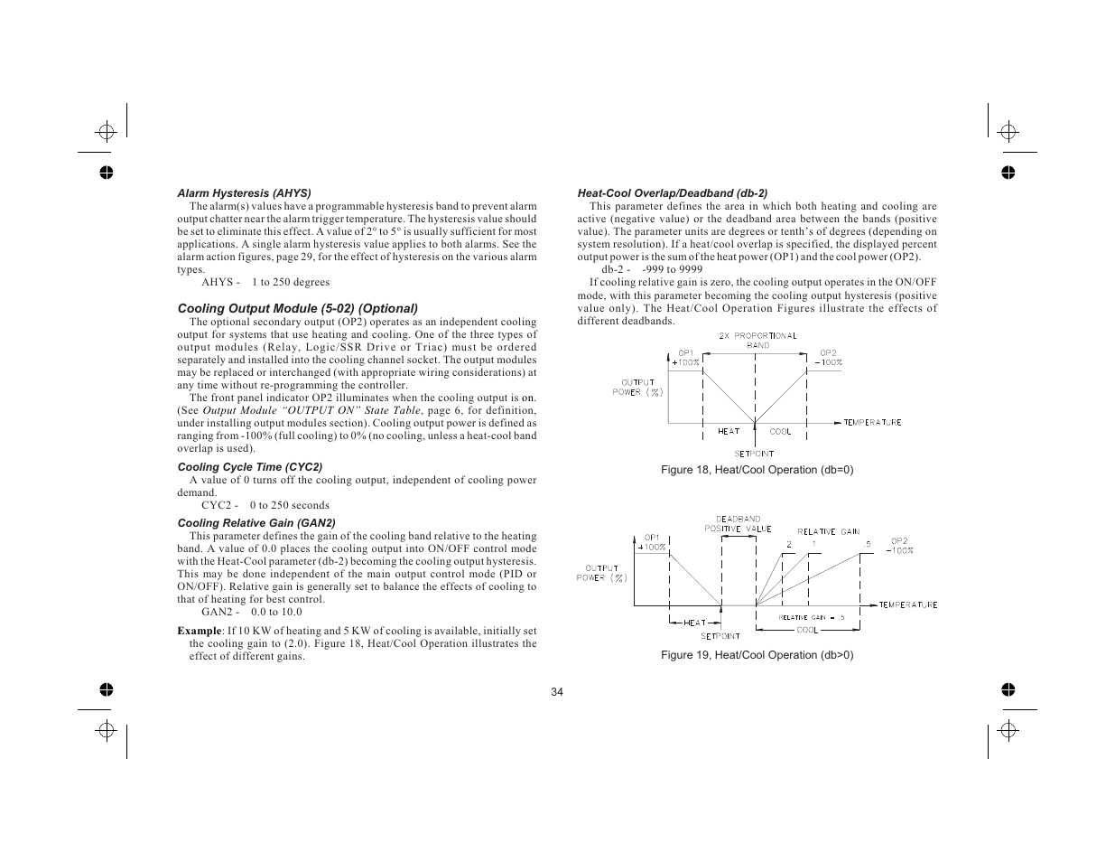 Alarm hysteresis (ahys) 34, Cooling output module (5-02) (optional) 34, Cooling cycle time (cyc2) 34 | Cooling relative gain (gan2) 34, Heat-cool overlap/deadband (db-2) 34 | Red Lion TCU User Manual | Page 42 / 104