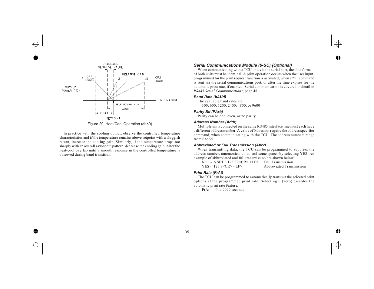 Serial communications module (6-sc) (optional) 35, Baud rate (baud) 35, Parity bit (parb) 35 | Address number (addr) 35, Abbreviated or full transmission (abrv) 35, Print rate (prat) 35 | Red Lion TCU User Manual | Page 43 / 104