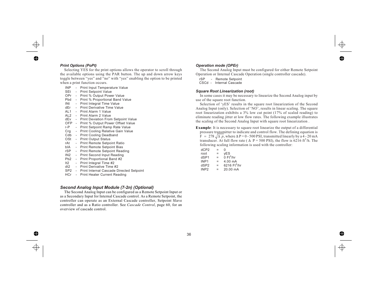 Print options (popt) 36, Second analog input module (7-2n) (optional) 36, Operation mode (oper) 36 | Square root linearization (root) 36 | Red Lion TCU User Manual | Page 44 / 104