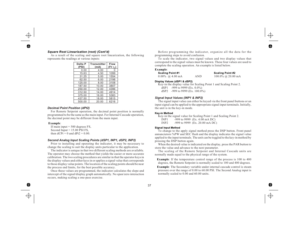 Decimal point position (dpt2) 37, Signal input values (inp1 & inp2) 37 | Red Lion TCU User Manual | Page 45 / 104