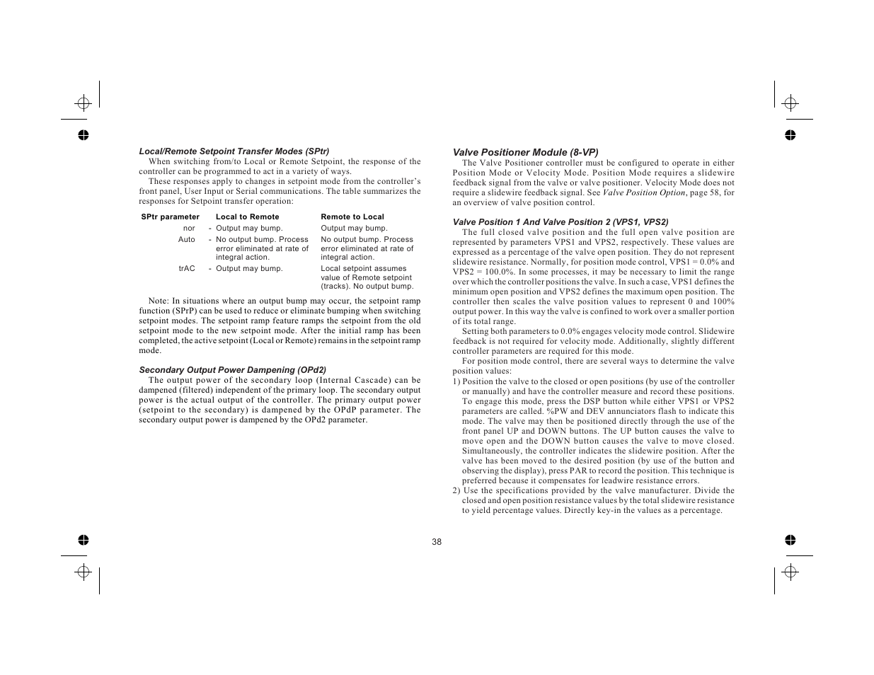 Local/remote setpoint transfer modes (sptr) 38, Secondary output power dampening (opd2) 38, Valve positioner module (8-vp) 38 | Red Lion TCU User Manual | Page 46 / 104