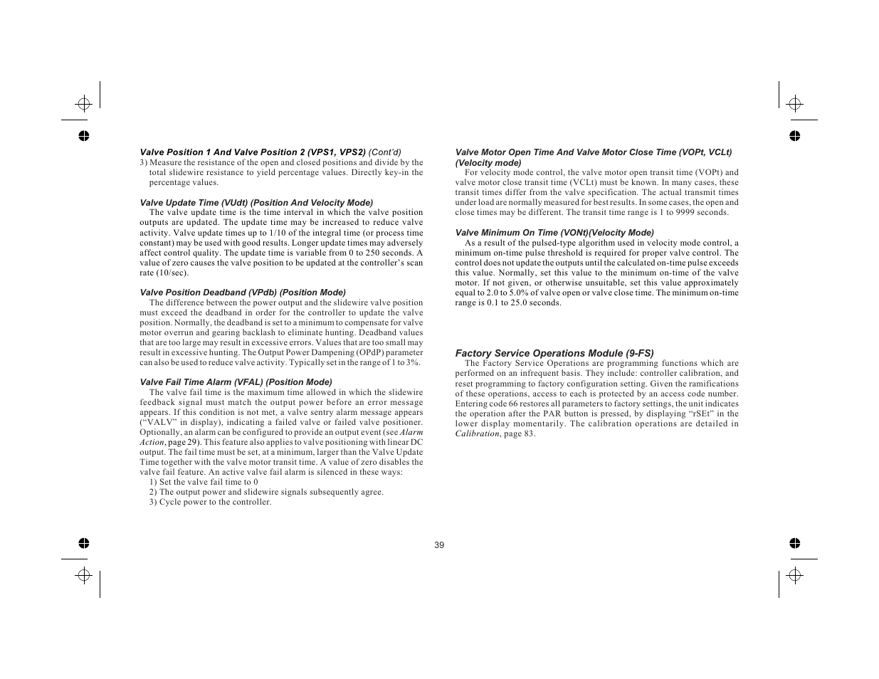 Valve position deadband (vpdb) (position mode) 39, Valve fail time alarm (vfal) (position mode) 39, Valve minimum on time (vont)(velocity mode) 39 | Factory service operations module (9-fs) 39 | Red Lion TCU User Manual | Page 47 / 104