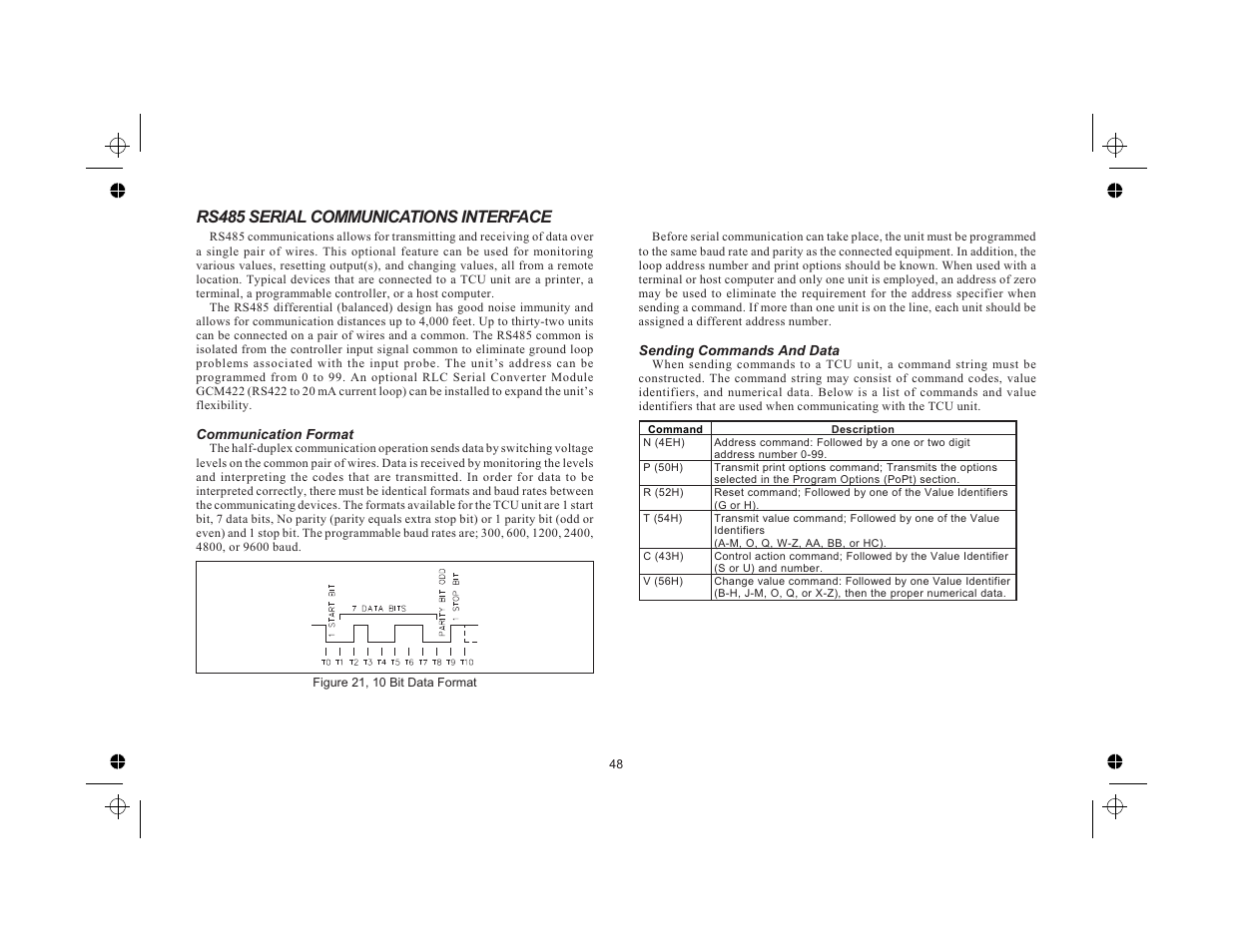 Rs485 serial communications interface 48, Communication format 48, Sending commands and data 48 | Rs485 serial communications interface | Red Lion TCU User Manual | Page 56 / 104