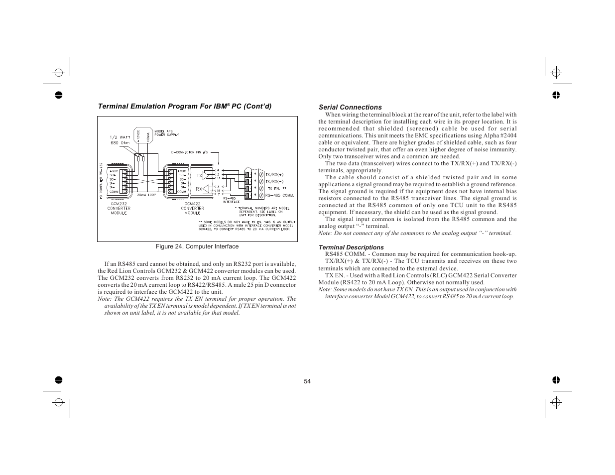 Serial connections 54, Terminal descriptions 54 | Red Lion TCU User Manual | Page 62 / 104