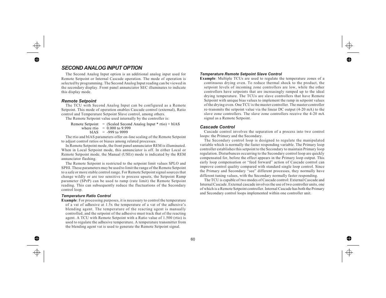 Second analog input option 60, Remote setpoint 60, Temperature ratio control 60 | Temperature remote setpoint slave control 60, Cascade control 60, Second analog input option | Red Lion TCU User Manual | Page 68 / 104