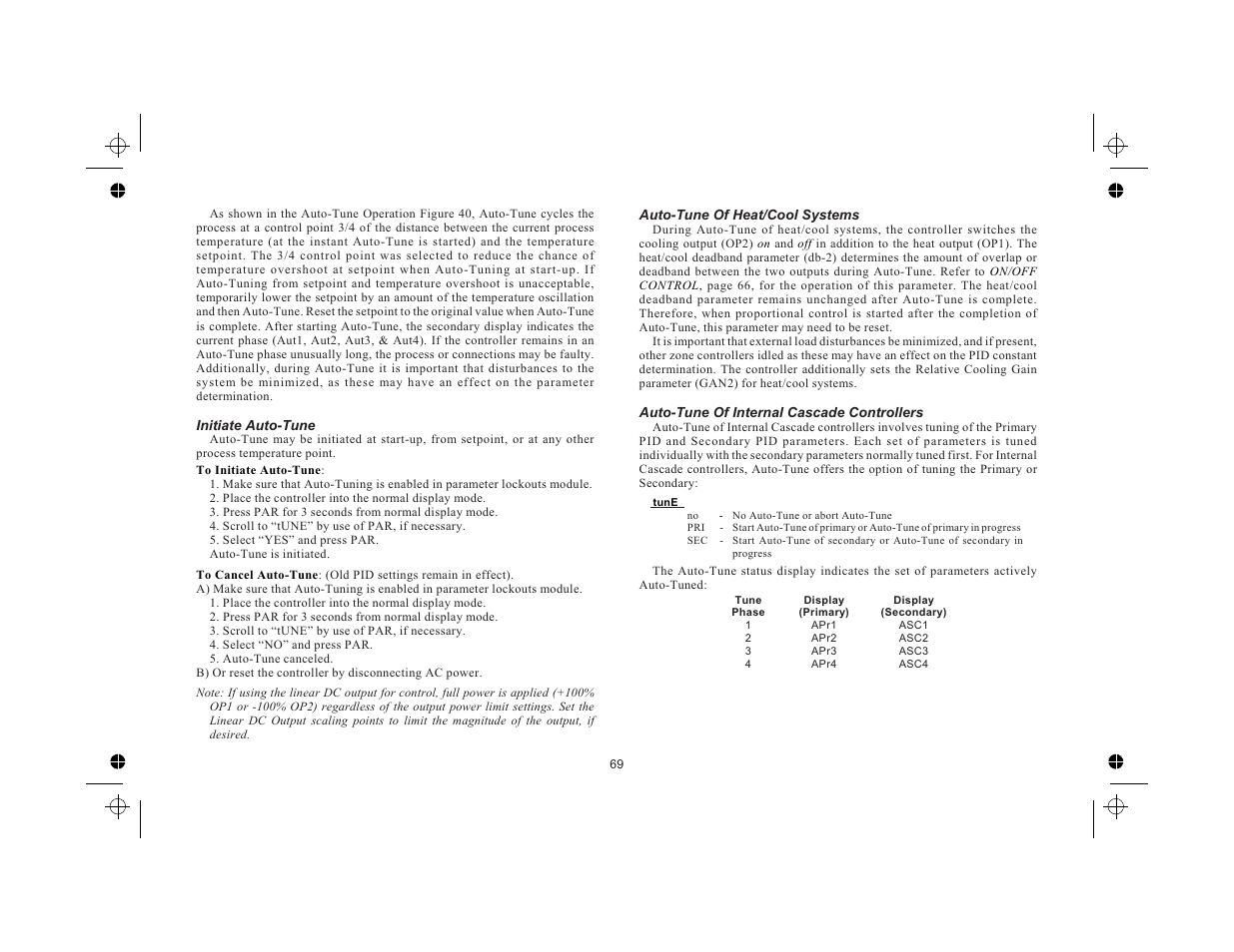 Initiate auto-tune 69, Auto-tune of heat/cool systems 69, Auto-tune of internal cascade controllers 69 | Red Lion TCU User Manual | Page 77 / 104