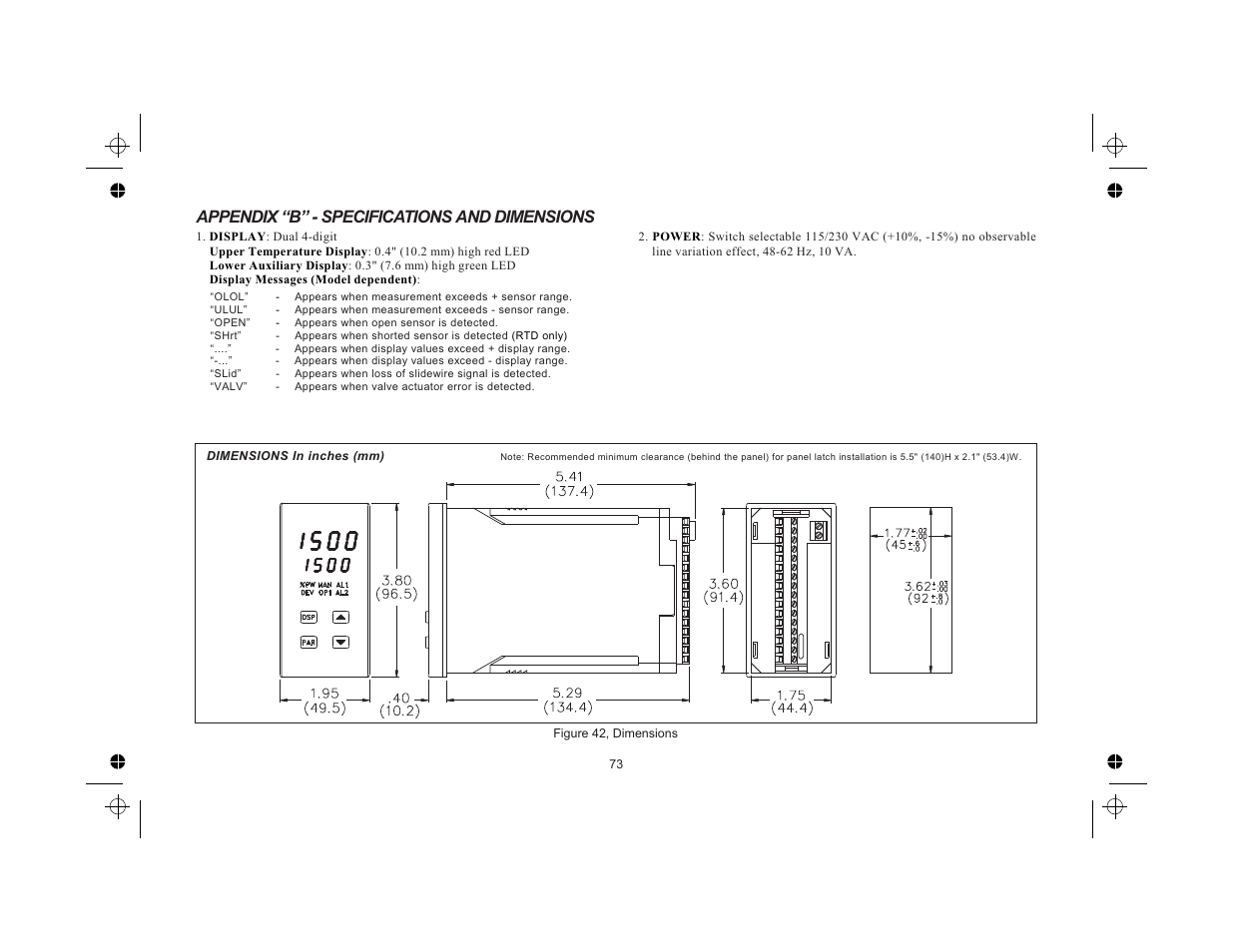 Appendix “b” - specifications and dimensions 73, Appendix “b” - specifications and dimensions | Red Lion TCU User Manual | Page 81 / 104