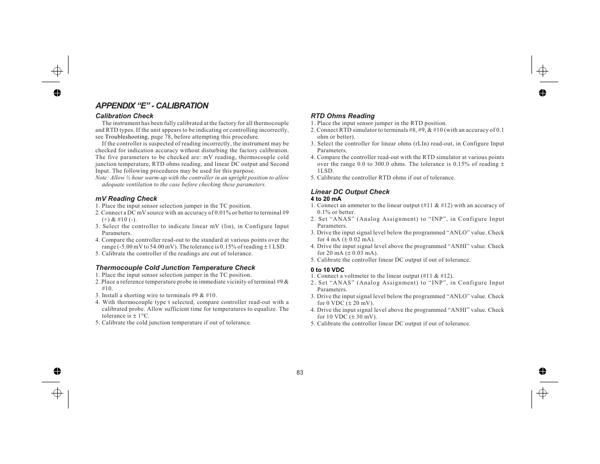 Appendix “e” - calibration 83, Calibration check 83, Mv reading check 83 | Thermocouple cold junction temperature check 83, Rtd ohms reading 83, Linear dc output check 83, Appendix “e” - calibration | Red Lion TCU User Manual | Page 91 / 104