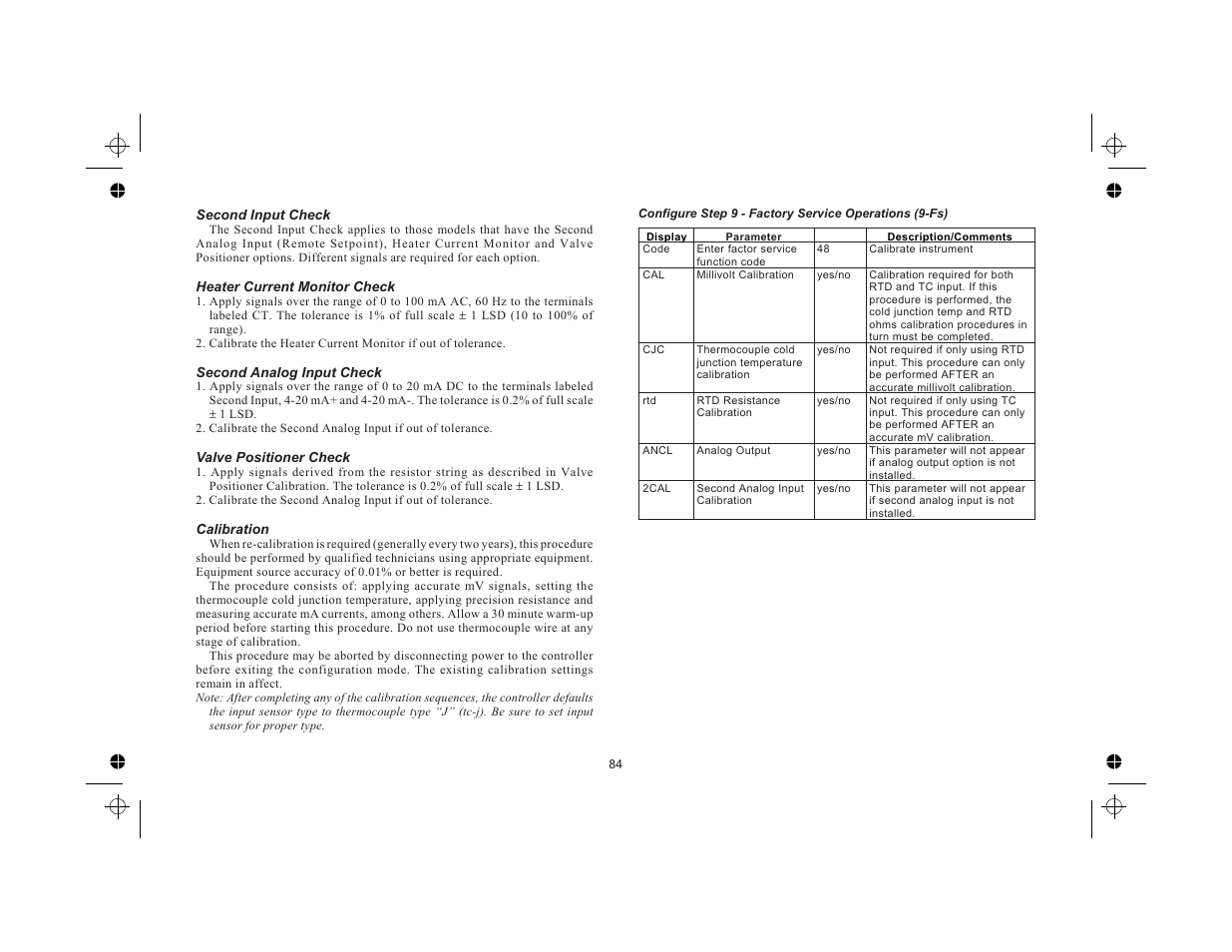 Second input check 84, Heater current monitor check 84, Second analog input check 84 | Valve positioner check 84, Calibration 84 | Red Lion TCU User Manual | Page 92 / 104