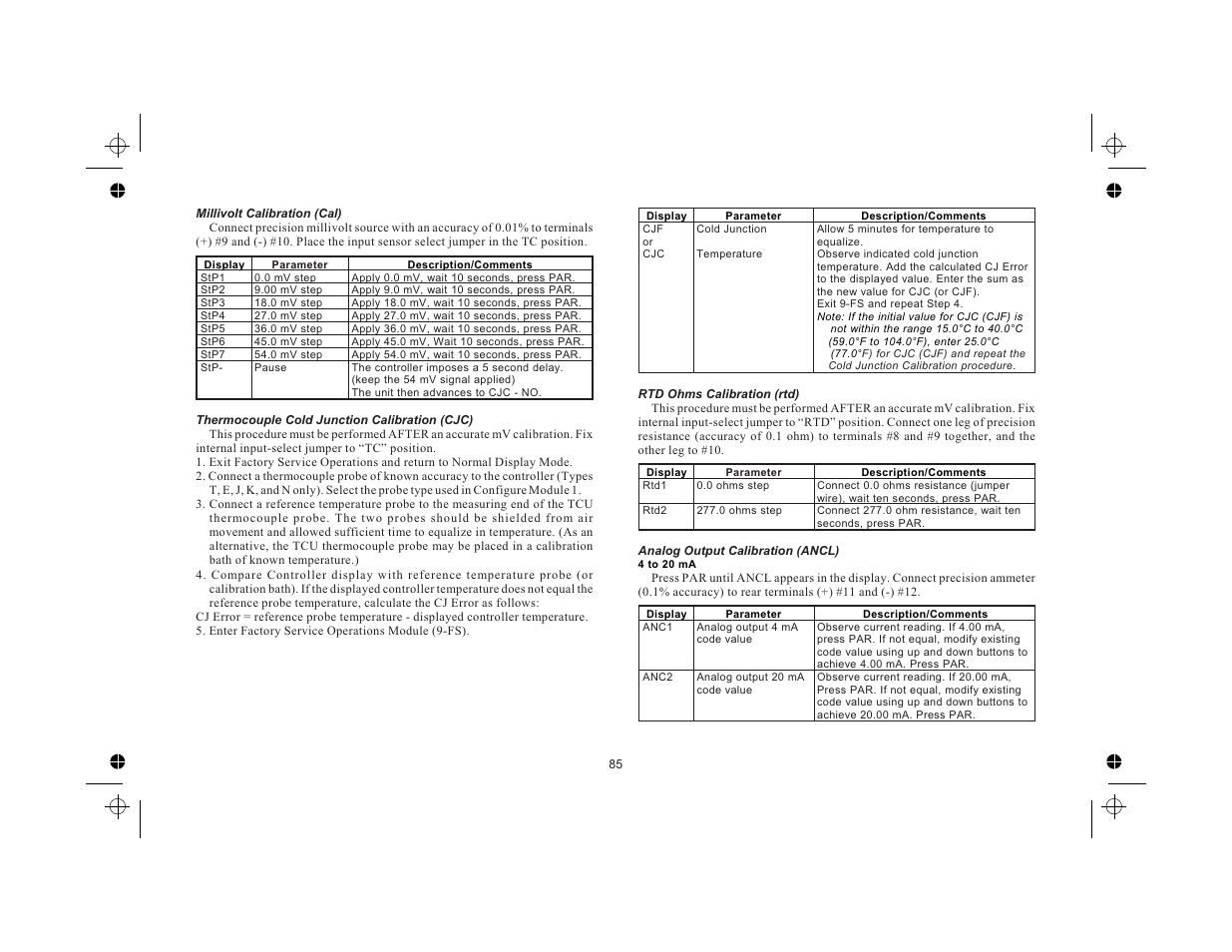 Millivolt calibration (cal) 85, Thermocouple cold junction calibration (cjc) 85, Rtd ohms calibration (rtd) 85 | Analog output calibration (ancl) 85 | Red Lion TCU User Manual | Page 93 / 104