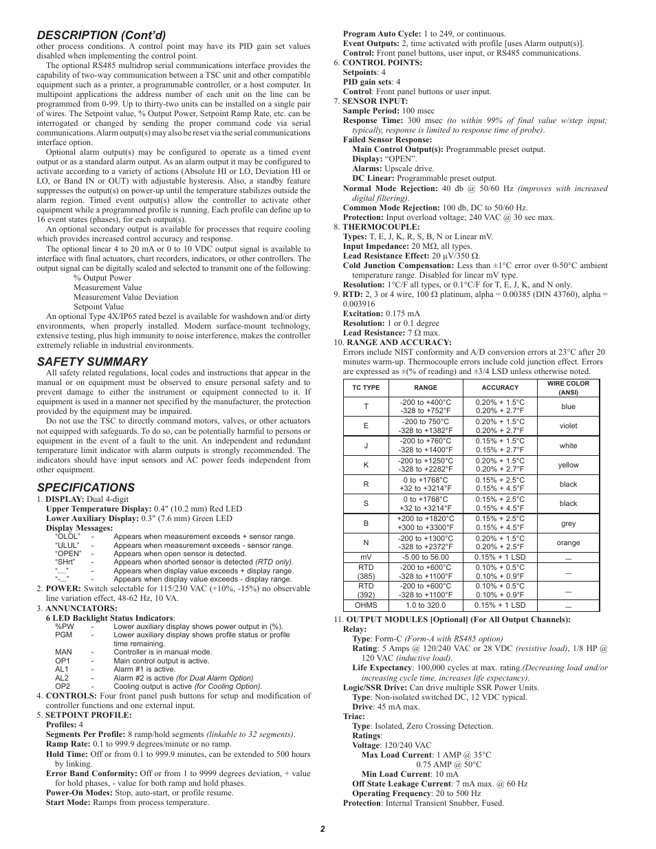 Description (cont’d), Safety summary, Specifications | Red Lion TSC User Manual | Page 2 / 8