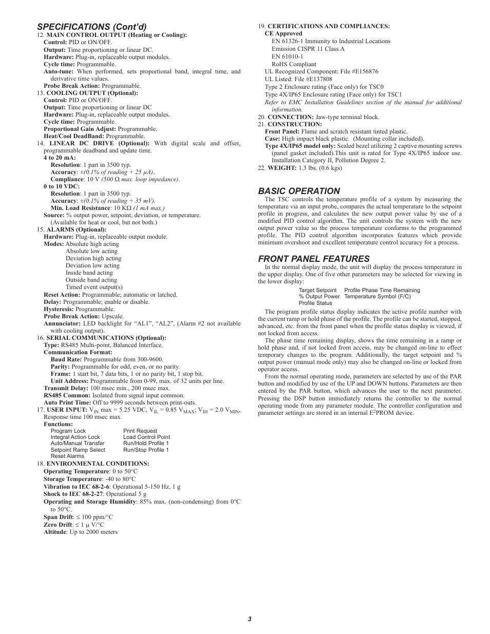 Specifications (cont’d), Basic operation, Front panel features | Red Lion TSC User Manual | Page 3 / 8
